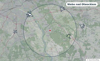 Mapa okolic miasta z sylwetkami samolotów — Niebo nad Otwockiem